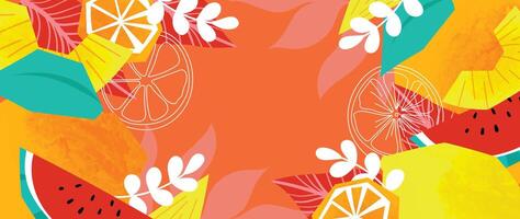 sommar tropisk djungel orange bakgrund vektor. färgrik botanisk med exotisk växt, blommor, handflatan löv, frukt, vattenfärg textur. Lycklig sommartid illustration för affisch, omslag, baner, grafik. vektor
