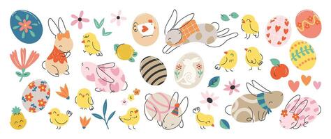 Lycklig påsk komisk element vektor uppsättning. söt hand dragen kanin, kyckling, påsk ägg, vår blommor, ananas, äpple. samling av klotter djur- och förtjusande design för dekorativ, kort, ungar.