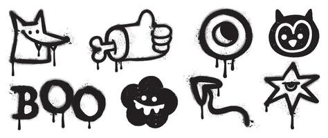 uppsättning av svart graffiti spray element vektor. samling halloween av symbol, hand, öga, blomma, pil, hund med bläck droppa textur. design illustration för klistermärke, dekoration, gata konst. vektor