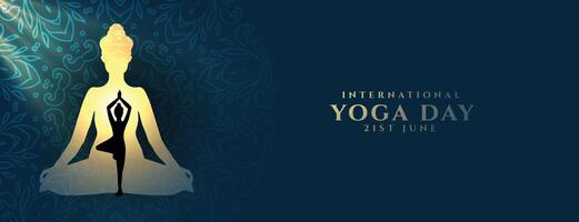 modern International Yoga Tag Banner mit Meditieren Haltung zum Ruhe vektor