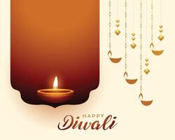 Lycklig diwali hälsning kort med lysande diya design vektor