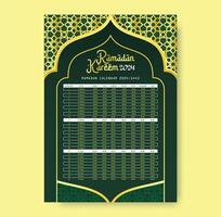 ramadan kalender design mall 2024, ramadan schema, imsakia design för ramadan kareem 2024 - 1445 bön gånger i ramadan, islamic kalender och Sehri ifter tid schema. vektor