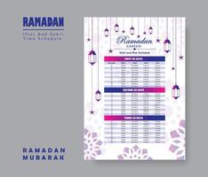 ramadan kalender design mall 2024, ramadan schema, imsakia design för ramadan kareem 2024 - 1445 bön gånger i ramadan, islamic kalender och Sehri ifter tid schema. vektor