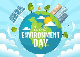 värld miljö dag vektor illustration med grön träd och djur i skog för spara de planet eller tar vård av de jord i platt bakgrund
