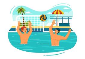 Wasser Polo Sport Vektor Illustration mit Spieler spielen zu werfen das Ball auf das des Gegners Tor im das Schwimmen Schwimmbad im eben Karikatur Hintergrund