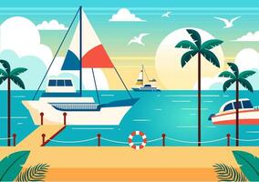 Yachten Vektor Illustration mit Fähren Ladung Boote und Schiff Segelboot von Wasser Transport beim das Strand im Sonnenuntergang eben Karikatur Hintergrund