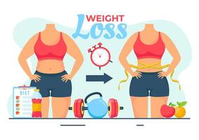 vikt förlust vektor illustration av kvinna kropp omvandling begrepp med kondition, sport, diet och friska livsstil i platt tecknad serie bakgrund