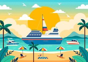 yachter vektor illustration med färjor frakt båtar och fartyg segelbåt av vatten transport på de strand i solnedgång platt tecknad serie bakgrund