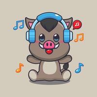 söt vildsvin lyssnande musik med hörlurar tecknad serie vektor illustration.