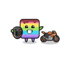 süße Regenbogenkuchenkarikatur als Motorradrennfahrer vektor