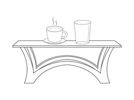 kaffe och te tabell med glas och trä- tabell, kopp av varm te och te blad på de trä- tabell och de te plantager bakgrund vektor