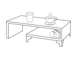 kaffe och te tabell med glas och trä- tabell, kopp av varm te och te blad på de trä- tabell och de te plantager bakgrund vektor