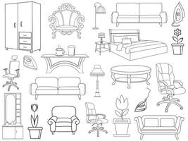 Sammlung von elegant modern Möbel und Zuhause Innere Dekorationen von modisch. Küche, Schlafzimmer, Sofa Tisch, Bücherregal Kleiderschrank, Stuhl, Matratze, Lampen, Möbel Vektor Illustration Satz.