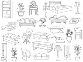 Sammlung von elegant modern Möbel und Zuhause Innere Dekorationen von modisch. Küche, Schlafzimmer, Sofa Tisch, Bücherregal Kleiderschrank, Stuhl, Matratze, Lampen, Möbel Vektor Illustration Satz.