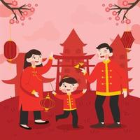 en familj firar kinesiskt nyår vektor