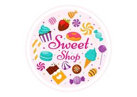 Süss Geschäft Vektor Illustration mit Verkauf verschiedene Bäckerei Produkte, Cupcake, Kuchen, Gebäck oder Süßigkeiten im eben Karikatur Hintergrund Design