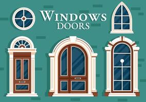 hus arkitektur vektor illustration med dörrar och fönster olika former, färger och storlekar i platt tecknad serie bakgrund