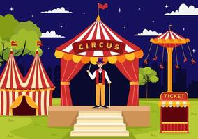 cirkus vektor illustration med visa av gymnast, trollkarl, djur- lejon tiger, värd, underhållare, clowner och nöje parkera i platt tecknad serie bakgrund