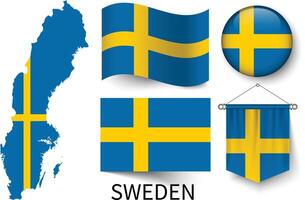 de olika mönster av de Sverige nationell flaggor och de Karta av sveriges gränser vektor