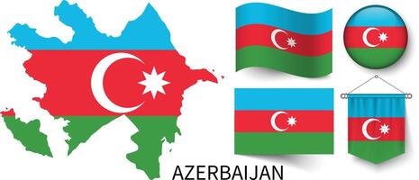 de olika mönster av de azerbaijan nationell flaggor och de Karta av azerbajdzjans gränser vektor