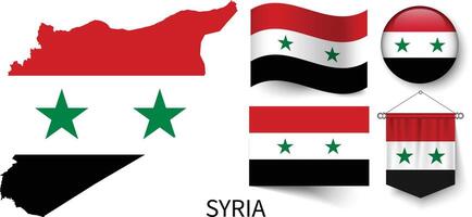 das verschiedene Muster von das Syrien National Flaggen und das Karte von Syriens Grenzen vektor