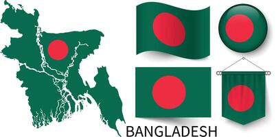 de olika mönster av de bangladesh nationell flaggor och de Karta av bangladesh gränser vektor