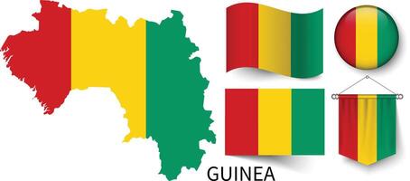 de olika mönster av de guinea nationell flaggor och de Karta av guineas gränser vektor