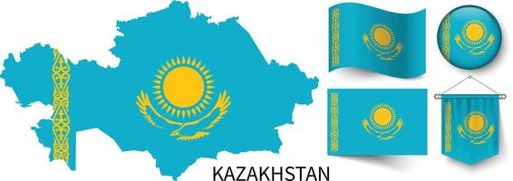 de olika mönster av de kazakhstan nationell flaggor och de Karta av kazakstan gränser vektor