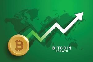 golden Bitcoin mit Wachstum Pfeil auf Grün Hintergrund mit Welt Karte vektor