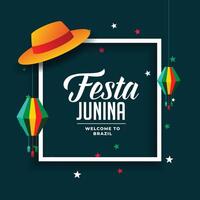 festa junina Brasilien festival hälsning med hatt och lykta vektor