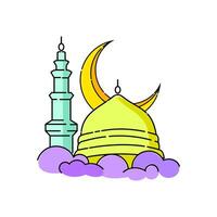 färgrik moské och halvmåne med moln accent vektor. islamic design element för kort, baner, affisch, flygblad, bakgrund, omslag och Mer. vektor