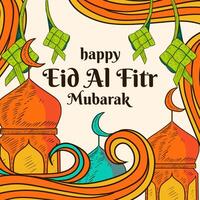 hand dragen Lycklig eid al fitr mubarak illustration hälsning kort vektor