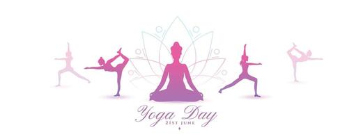21 .. Juni Yoga Tag Feier Banner mit Übung Haltung Design vektor