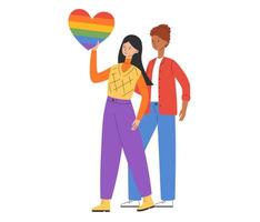 lgbt Gemeinschaft. Frauen Lesben oder Bisexuelle Umarmung und halt Regenbogen Herz. Stolz Parade. lgbtq Stolz Monat. Vektor Illustration im eben Stil