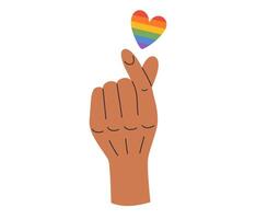 lgbt Herz Hand halten Liebe. Finger Herz Geste. lgbtq Stolz Gemeinschaft. Regenbogen Element. Vektor Illustration im Hand gezeichnet Stil