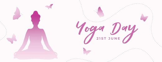 modern 21 .. Juni Yoga Tag Veranstaltung Banner mit süß Schmetterling Design vektor