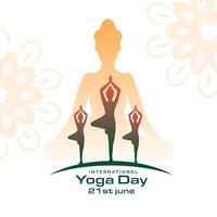 21 .. Juni International Yoga Tag Hintergrund mit Übung Haltung vektor