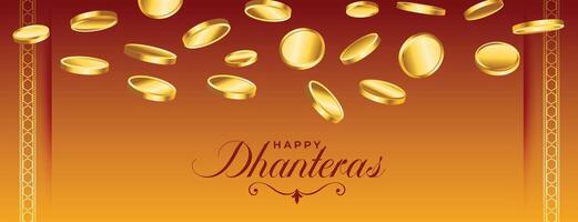 elegant und dekorativ glücklich Dhanteras wünscht sich Banner mit golden Münze Design vektor