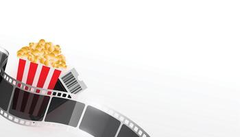 realistisk filma remsa med popcorn och film biljett vektor