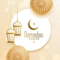 islamic ramadan kareem hälsning med lyktor och arabicum dekoration vektor