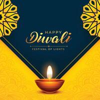 realistisk diya på gul bakgrund för diwali festival av lampor vektor