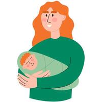 mamma innehar de bebis i henne vapen. Lycklig mödrar dag. ung kvinna med röd hår visar vård och kärlek för de nyfödd bebis. vektor