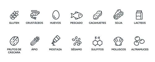 enkel isolerat vektor logotyp uppsättning bricka ingrediens varning märka. svart och vit allergener ikoner. mat intolerans. de 14 allergener nödvändig till deklarera skriven i spanska