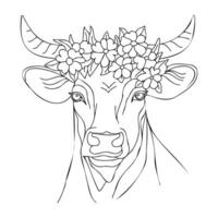Vektor linear Porträt von ein Kuh im ein Kranz auf ein Weiß Hintergrund. Kuh Kopf Hand gezeichnet im Karikatur Stil.