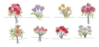 uppsättning av bukett av blommor linjekonst enda linje, klämma konst, rosor, tulpaner, krokus, tusensköna, påsklilja. vektor illustration för vykort, design, ett kontinuerlig linje teckning