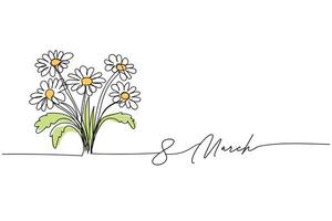 Mars 8, kvinnors dag, bukett av blommor daisy linje konst teckning, ett kontinuerlig linje teckning och text. för hälsning kort design vektor