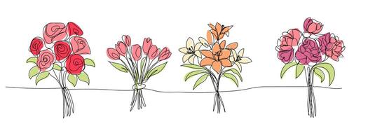 Linie Kunst, Strauß von Blumen Rosen, Tulpen, Lilien, Pfingstrosen Frühling und Sommer, Zeichnung mit einer Linie. Vektor Illustration Weiß Hintergrund