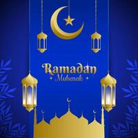 Ramzan Mubarak Gruß mit islamisch Design Laterne und eid Mond Vektor