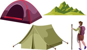 Camping Zelt mit Trekker oder Wanderer, Berg isoliert Vektor Illustration