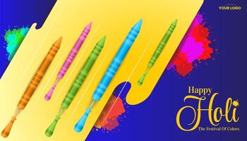 bunt glücklich holi Hindu Festival Feier Gruß mit Farbe Spritzen und Pichkari Vektor